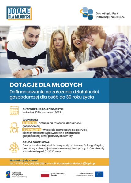 Plakat informacyjny "Dotacje dla młodych".