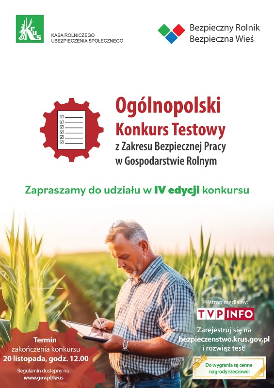 plakat Ogólnopolski konkurs testowy z zakresu bezpiecznej pracy w gospodarstwie rolnym