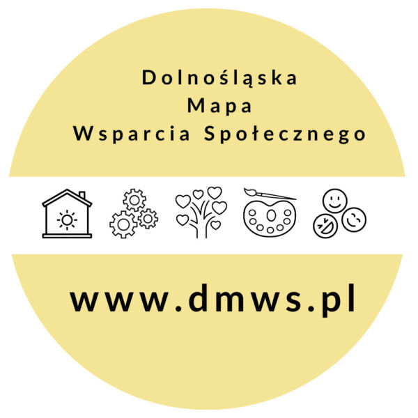 żółte kółko a na nim napis dolnośląska mapa wsparcia społecznego www.dmws.pl