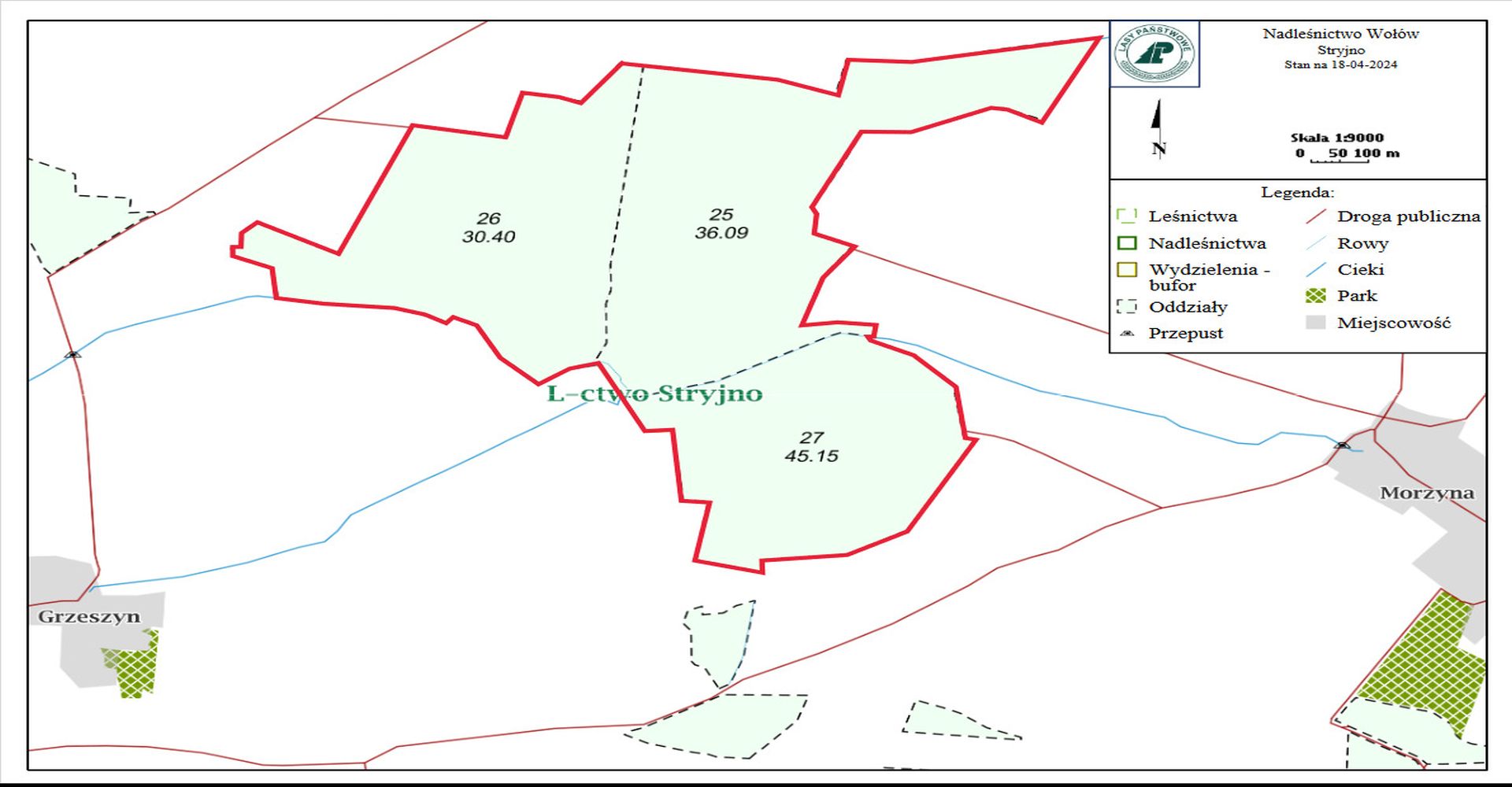 na zdjęciu mapa, na której jest zaznaczony czerwoną obwolutą obszar miejscowości Grzeszyn, Morzyna, Stryjno, Białków
