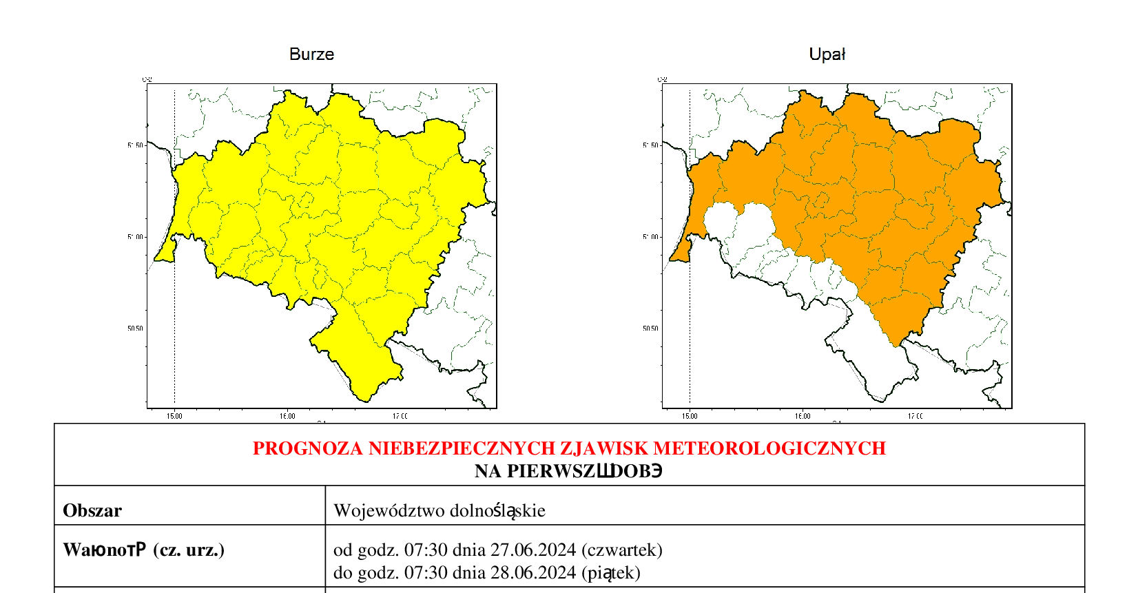 na zdjęciu dwie mapki na których są pokazane niebezpieczne zjawiska meteorologiczne