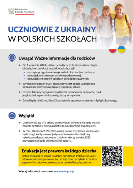 ulotka informacyjna dot. nauki w Polsce dzieci uchodźczych z Ukrainy, wersja w j. polskim