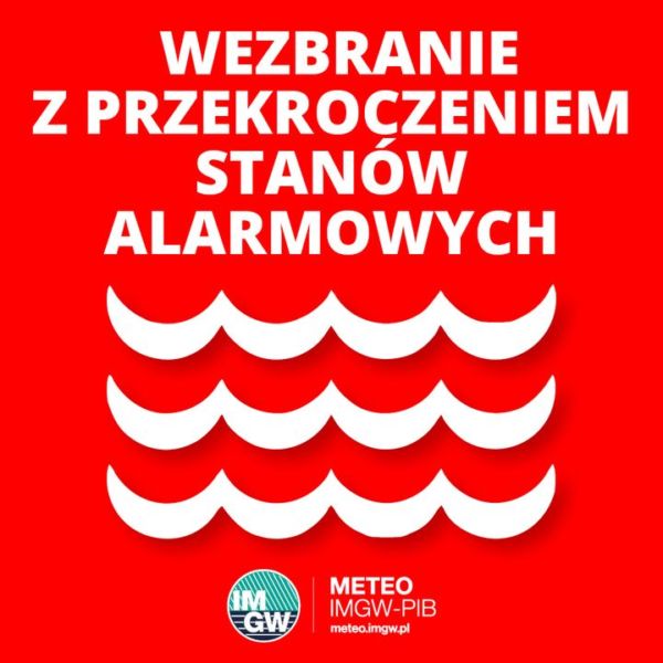 czerwone tło a na nim biały napis wezbranie z przekroczeniem stanów alarmowych