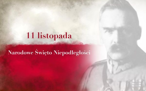 na tle flagi Józef Piłsudski z napisem 11 listopada Narodowe Święto Niepodległości