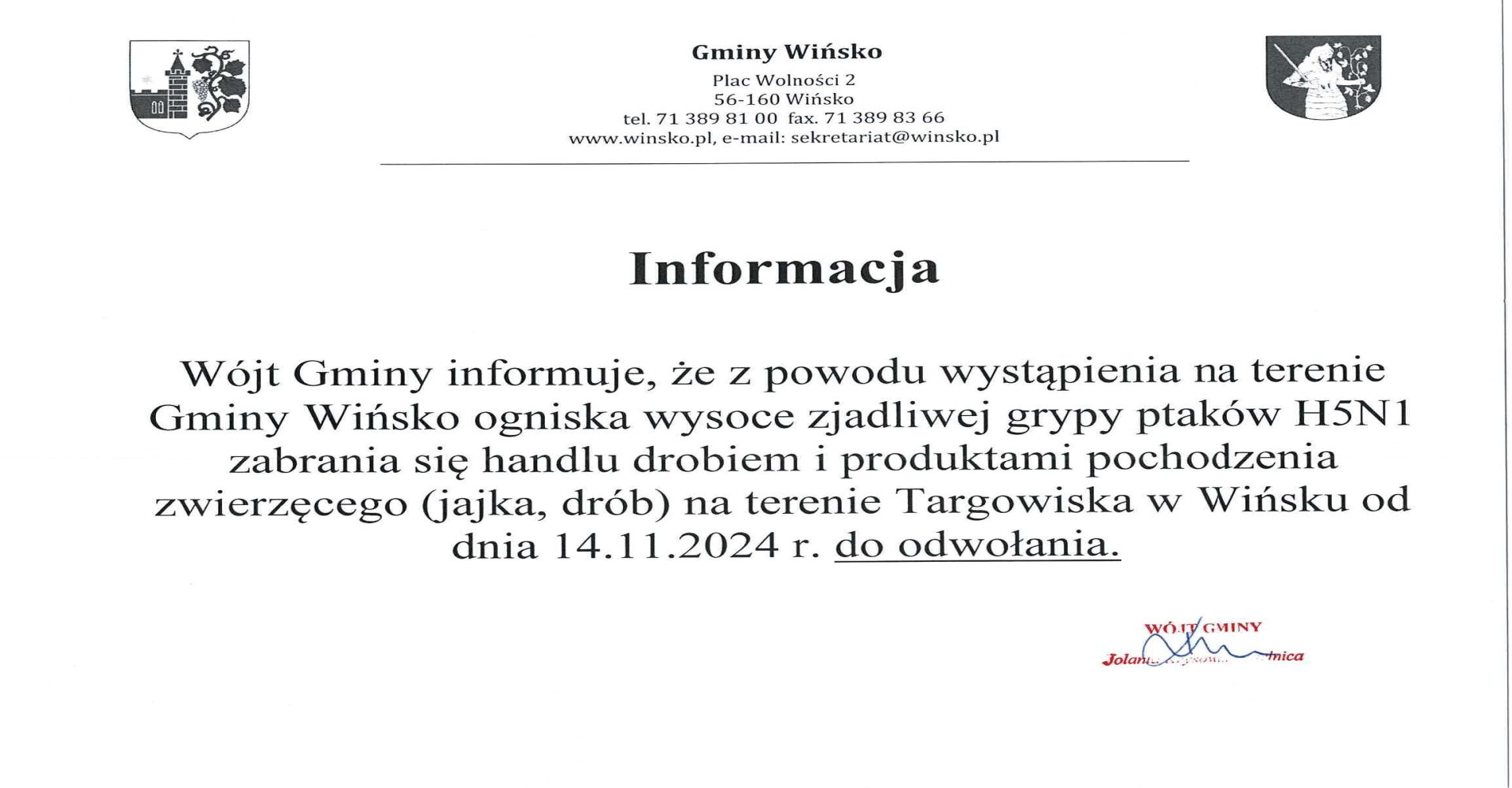 Informacja Wójta Gminy Wińsko