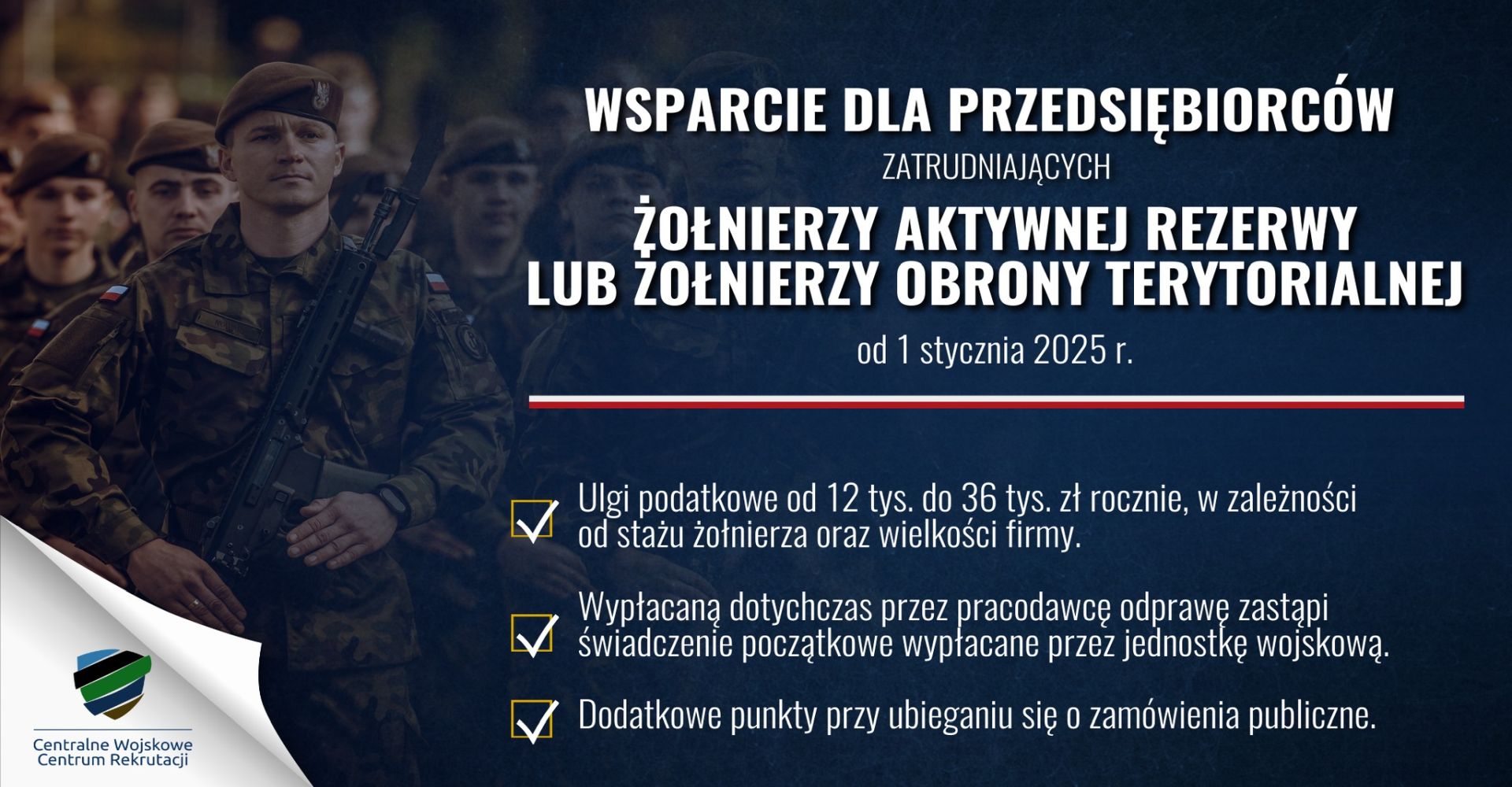 na drugim tle żołnierze na pierwszym napis z instrukcjom Wsparcie przedsiębiorców zatrudniających żołnierzy Obrony Terytorialnej lub Aktywnej Rezerwy