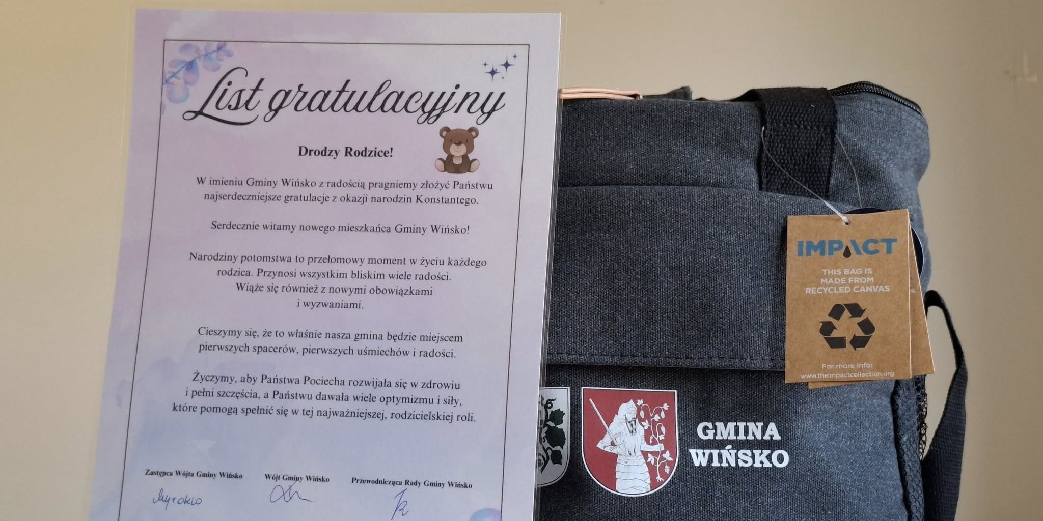 dyplom, list gratulacyjny dla małego Konstantego, upominek